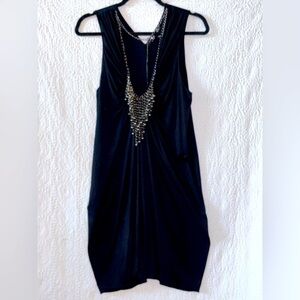 UMGEE USA Sleeveless Deep Scoop Neck Gathered Front Chain Detail Ruched Dress